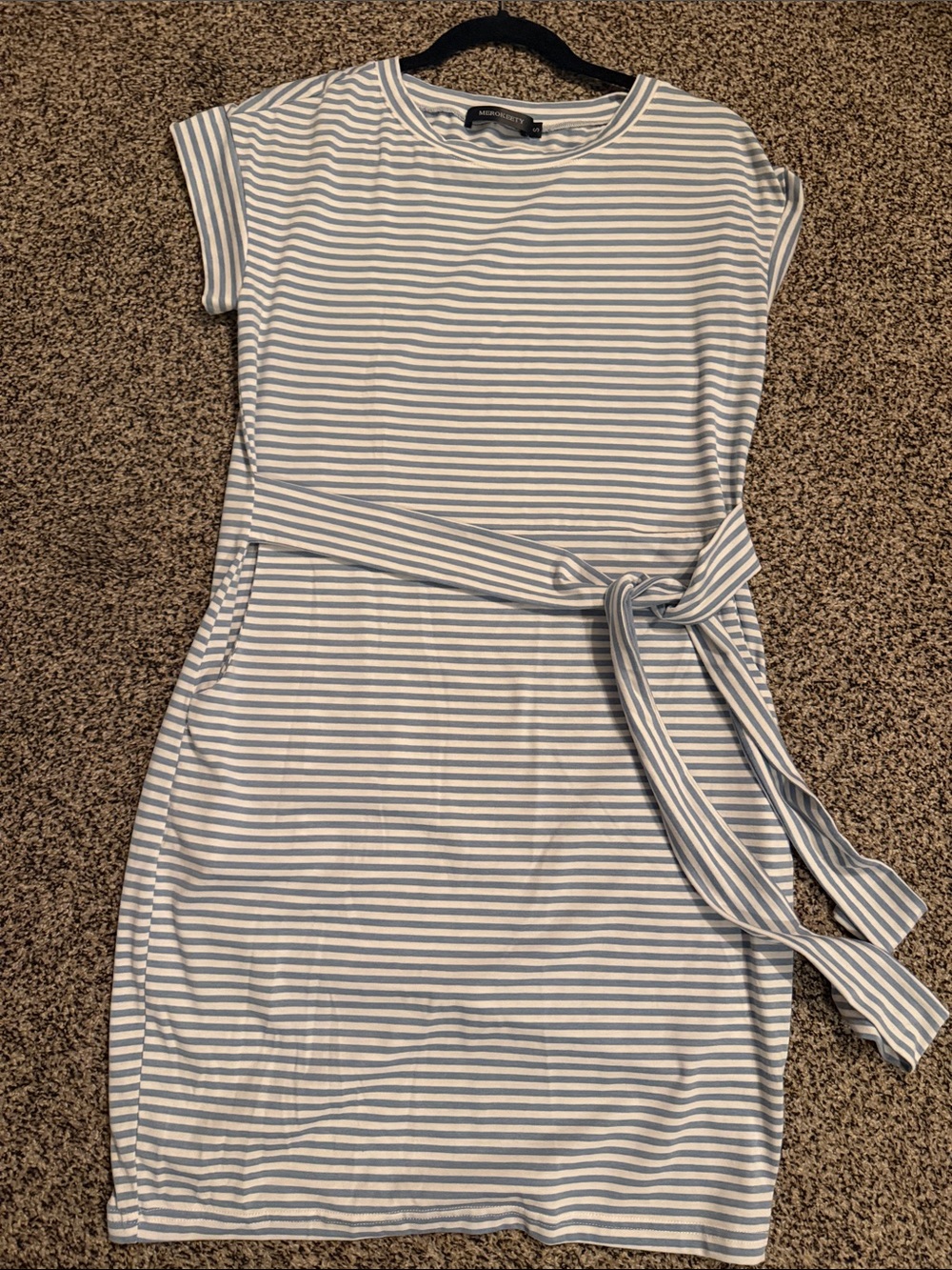 Striped Midi Tee Dress with Self-Tie Waist in Light Blue and White